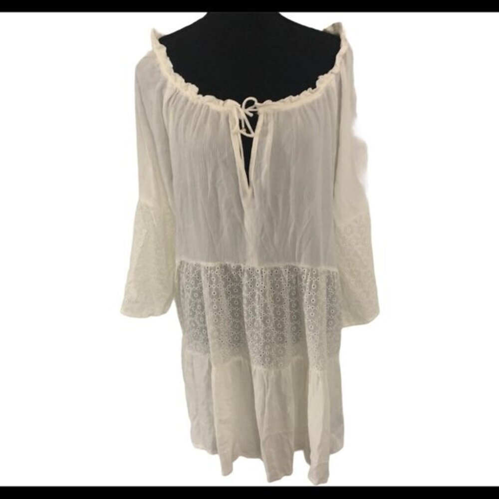 Sperry Dress White Eyelet Lace Tiered Boho Tunic Mini Dress Keyhole Tie Gauze XL